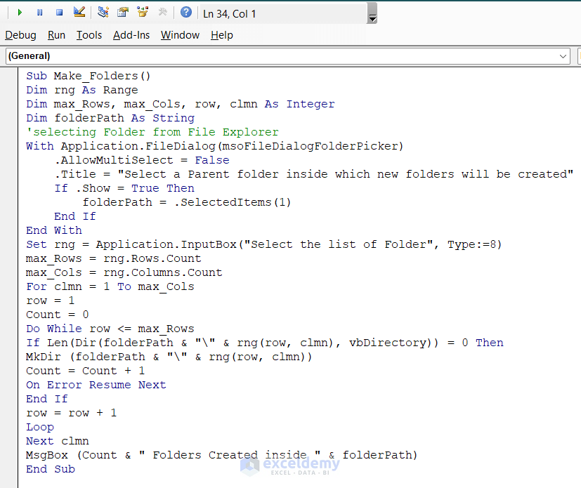 VBA macro Code to create folders from excel list