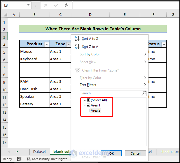 select Area 1 to show Excel not filtering entire column
