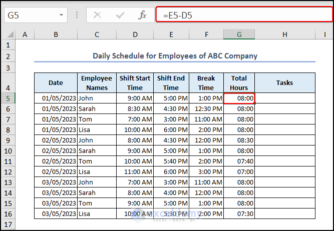 subtraction to make a daily schedule for employees in Excel