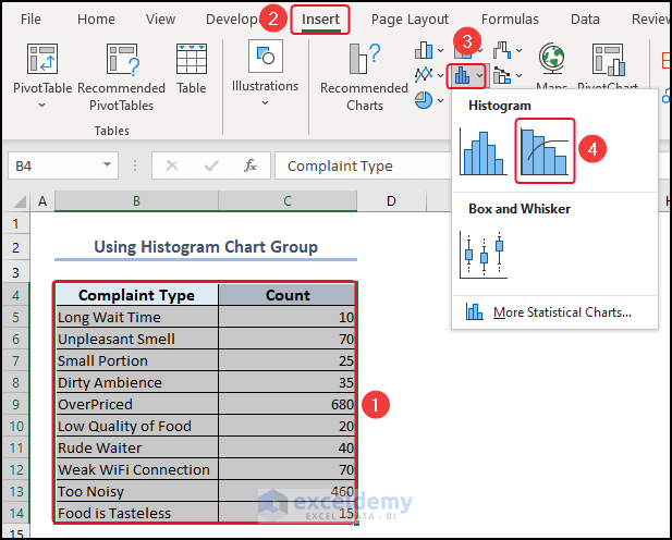 Using Histogram Chart Group to insert Pareto Chart in Excel