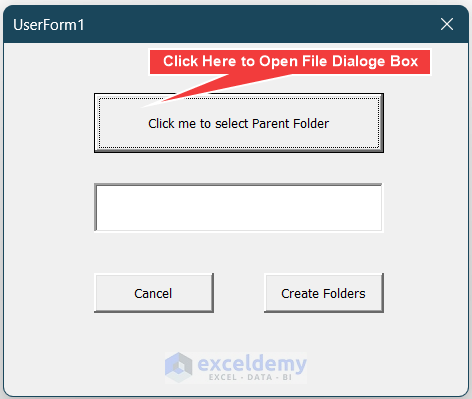 Clicking CommandButton1 to open File Dialogue Box