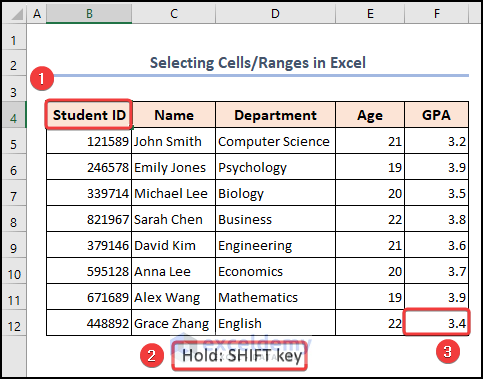 Holding SHIFT key to select cells or ranges