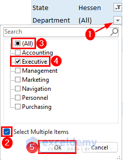Selecting desired option from the Department section