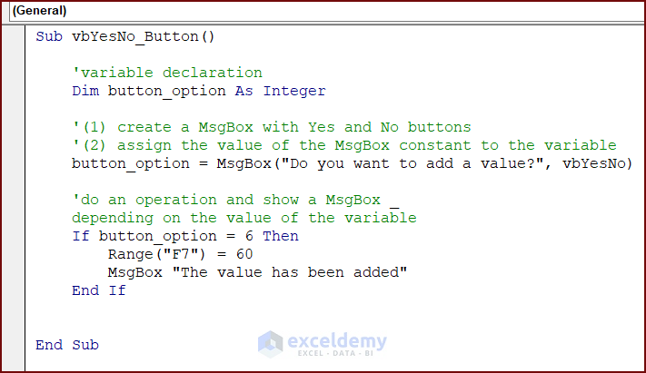 VBA Code for MsgBox with Yes and No Buttons