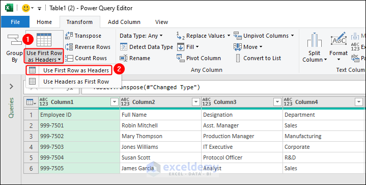 clicking on use first row as headers to eliminate the default columns headers in power query editor