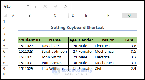 Assign the required keyboard button in Excel