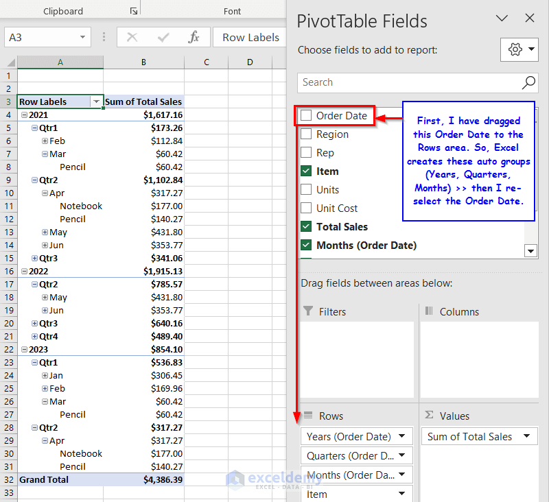 Excel creates auto group with Date type data