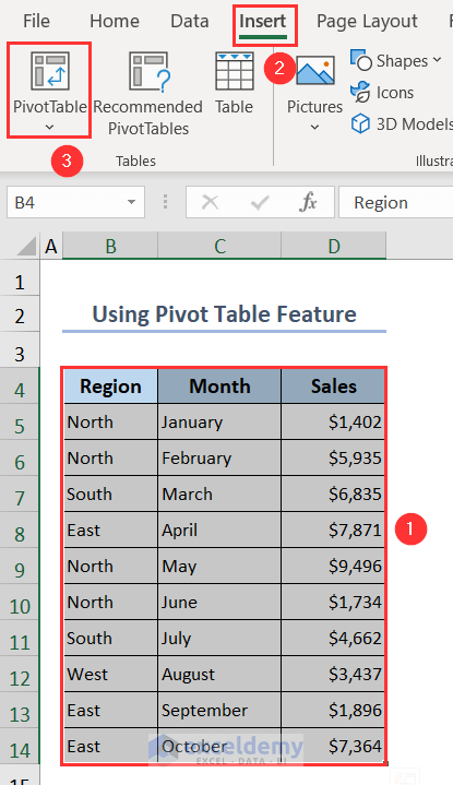 Inserting Pivot Table from Insert tab