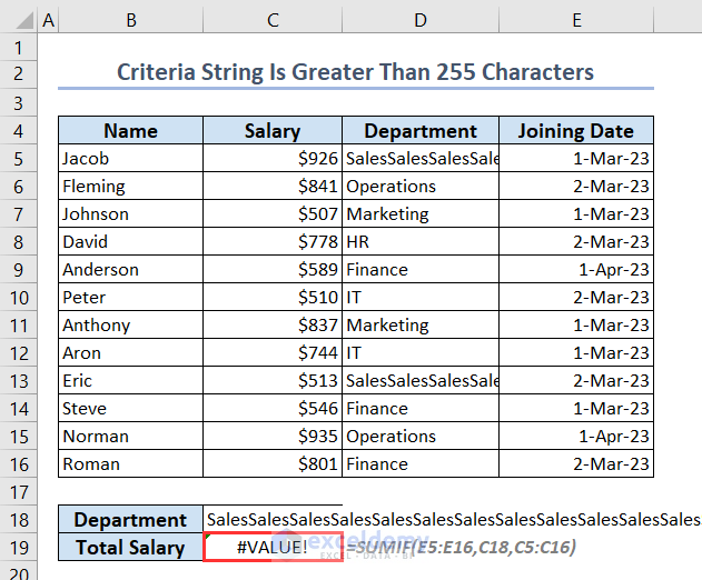 Showing an error because criteria string is greater than 255 characters