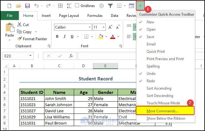 Assign the Macro button command to the quick-access toolbar in Excel