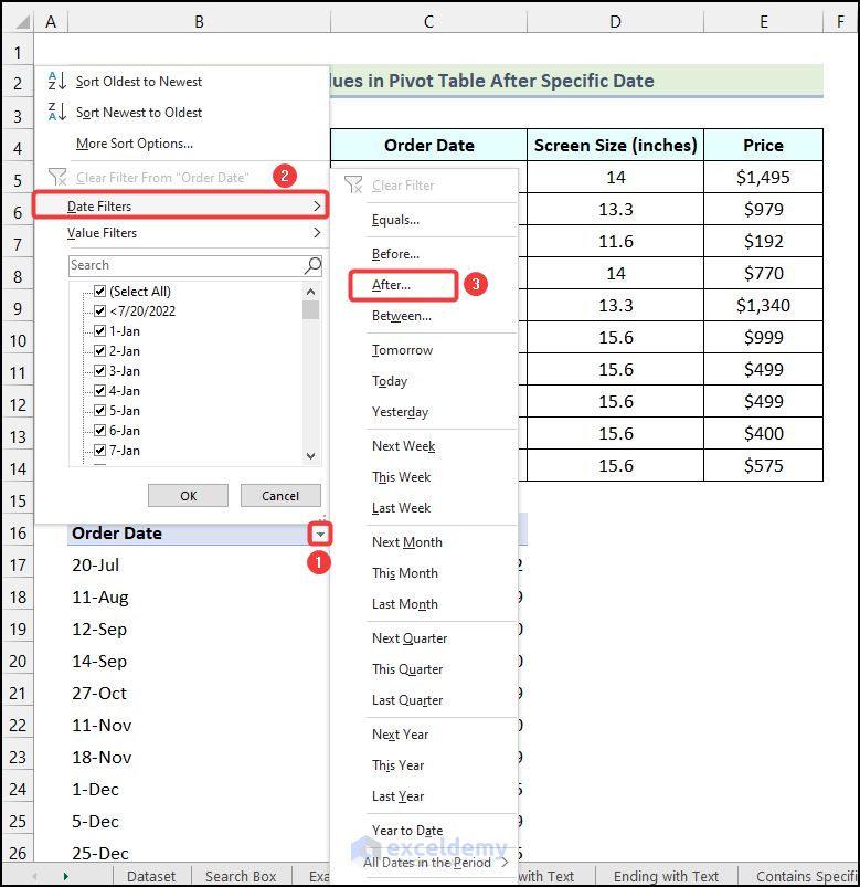 Using Date Filters option to filter Pivot Table based on cell value that is after a specific date in Excel