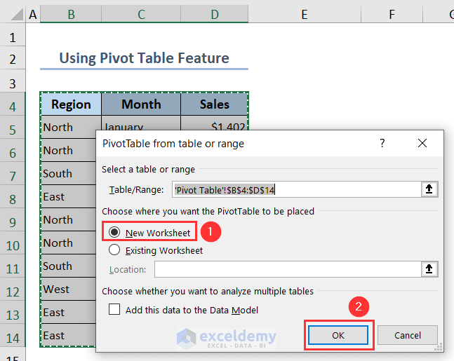 Choosing options from PivotTable from table or range window