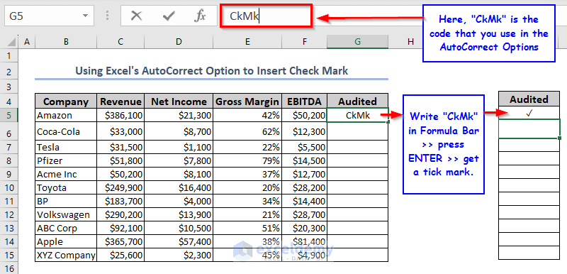 Use Customized Character code to insert Check Mark in Excel