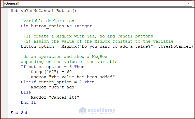 VBA Code for MsgBox with Yes, No, and Cancel Buttons