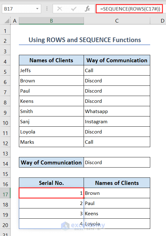Using ROWS and SEQUENCE functions to create a numbered list