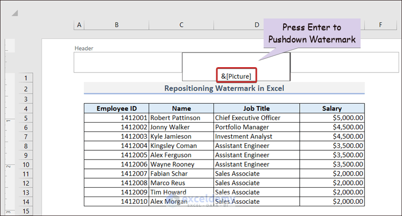 Repositioning Watermark in Excel