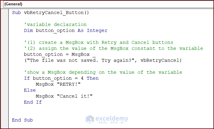 VBA Code for MsgBox with Retry and Cancel Buttons