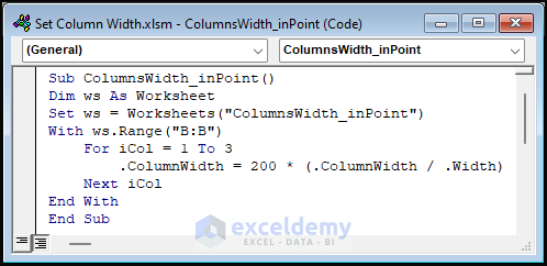 VBA Code to set Column width in points