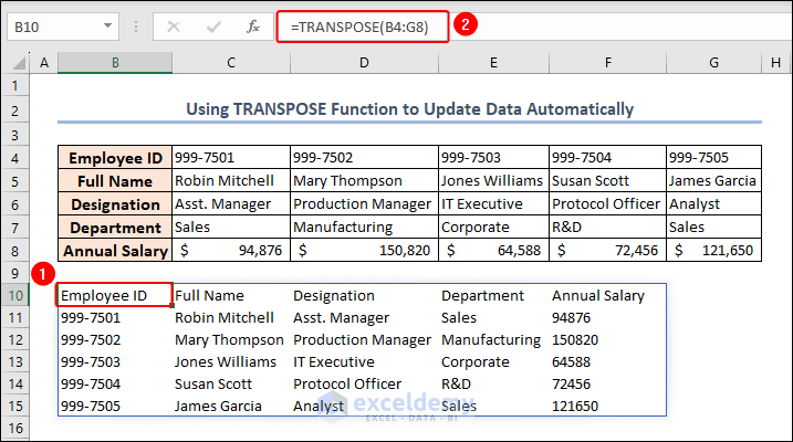 using TRANSPOSE function to swap columns and rows in Excel