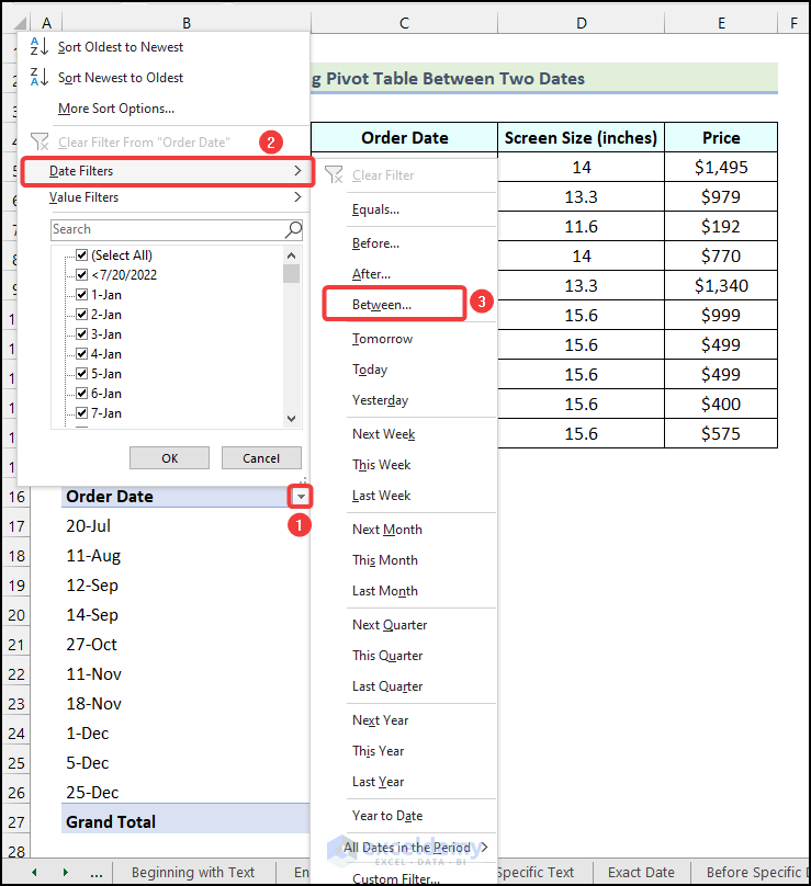 Using Date Filters option to filter Pivot Table based on cell value that is between two dates in Excel
