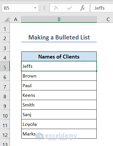 Dataset for making a bulleted list