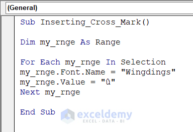 Inserting VBA code in Excel for cross mark