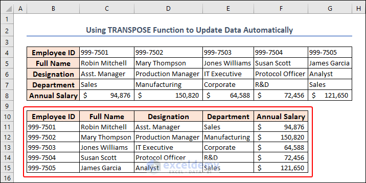 columns and rows swapped and added formatting in Excel