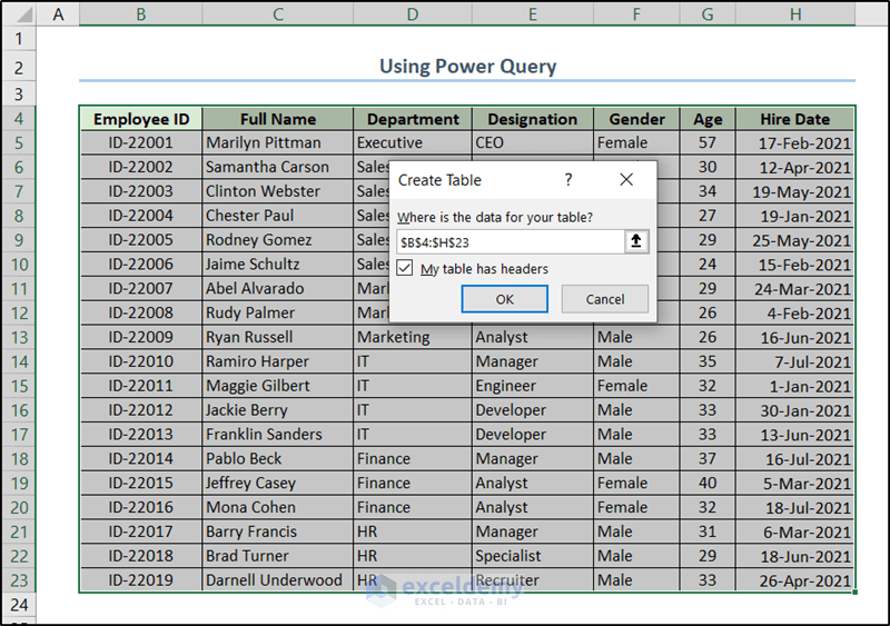 create table box for power query