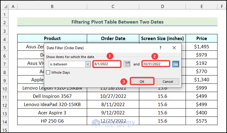Inserting filter criteria in Date Filter (Product) dialogue box