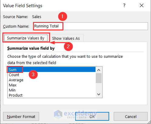 Choosing Sum from Summarize Values By tab under Value Field Settings wizard