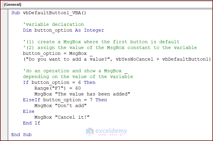 VBA Code for MsgBox with First Default Button