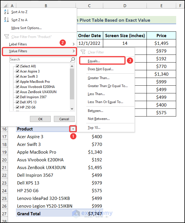 Using Value Filters option to filter Pivot Table based on exact cell value in Excel