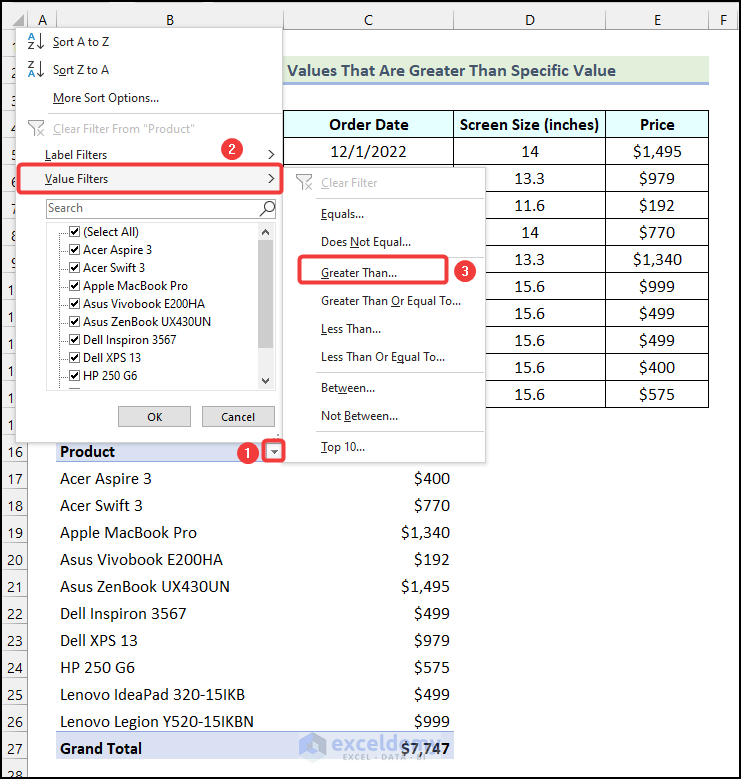 Using Value Filters option to filter Pivot Table based on cell value that is greater than a specific value in Excel