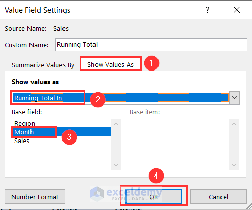 Choosing Running Total In and Month from Show Values As tab under Value Field Settings wizard