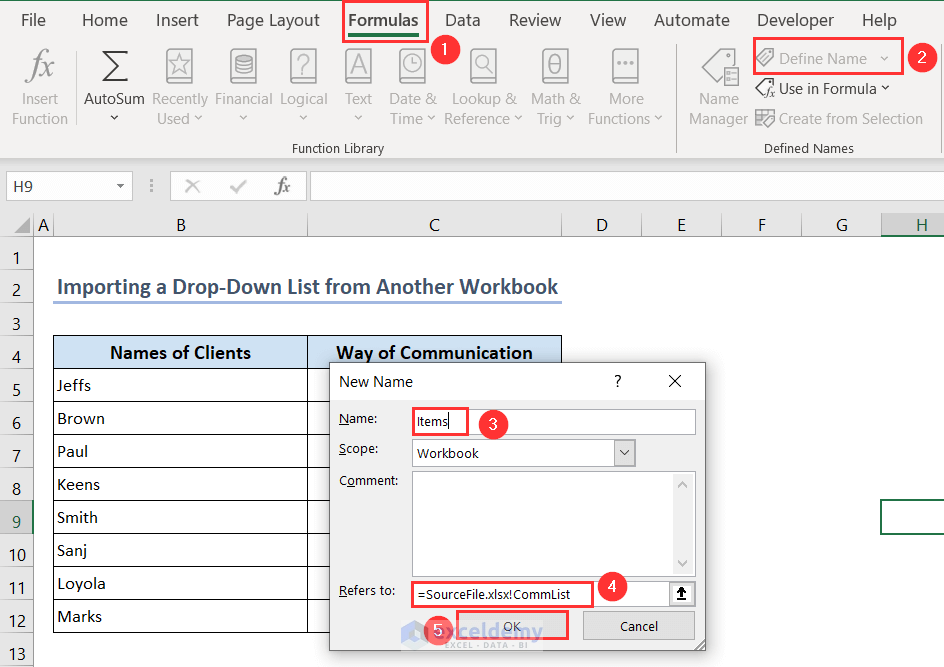 Naming the source list from another workbook in the original workbook using Name Manager