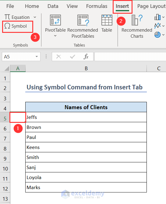 Selecting Symbol option from Insert tab