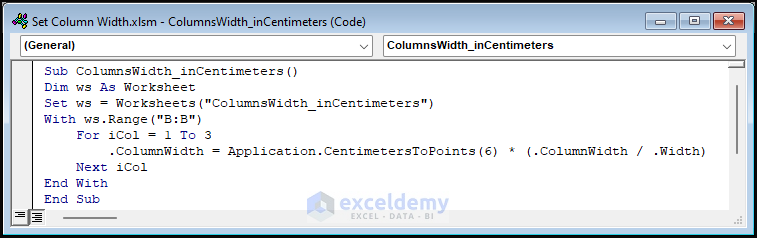 VBA Code to set Column's width in Centimeters
