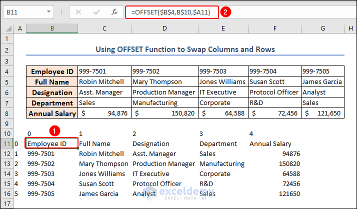 using OFFSET function to swap columns and rows in Excel