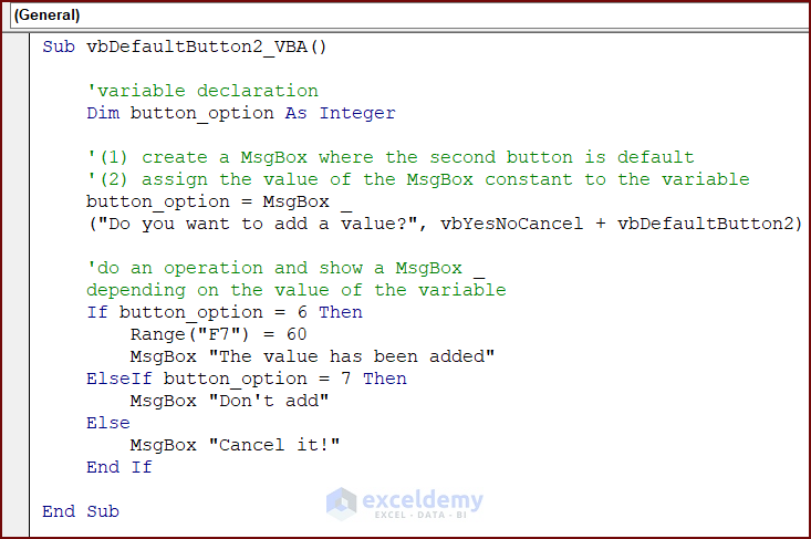 VBA Code for MsgBox with Second Default Button