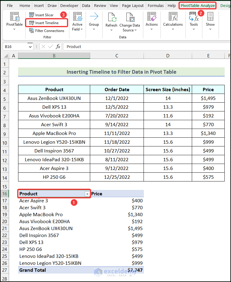 Using the PivotTable Analyze option to insert Timeline