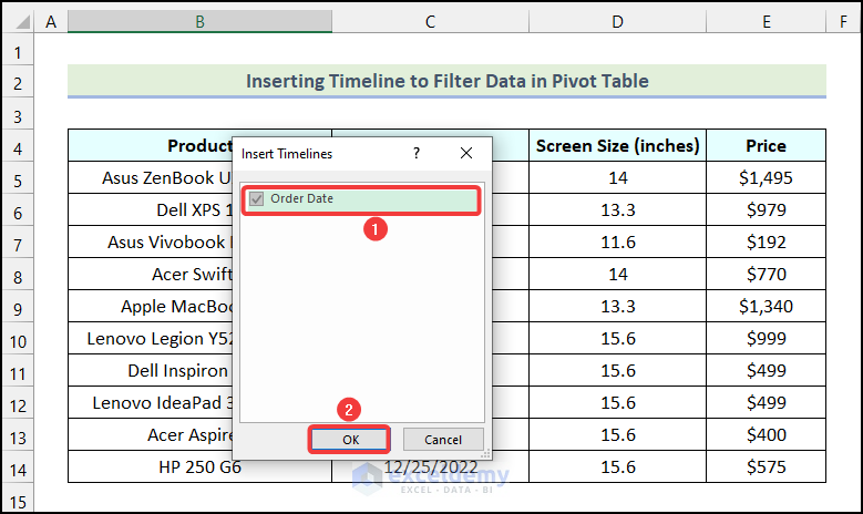 Inserting Timeline to filter Pivot Table based on cell value in Excel