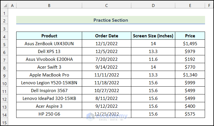 Sample Practice Section provided in the Practice Workbook.