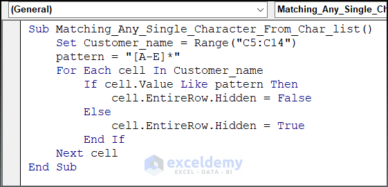 Code image for Matching of Single Character From a Char List