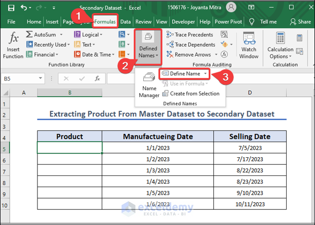 Secondary dataset and defining name of dropdown list in Excel