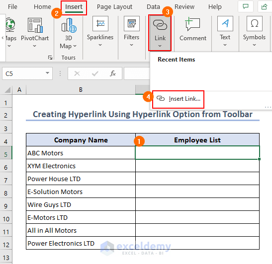 Adding hyperlink in Excel from Toolbar
