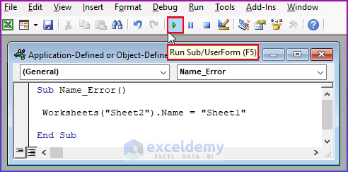 Application-Defined or Object-Defined Error in Excel VBA for Incorrect Name