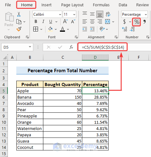 Calculate percentage in Excel from total number