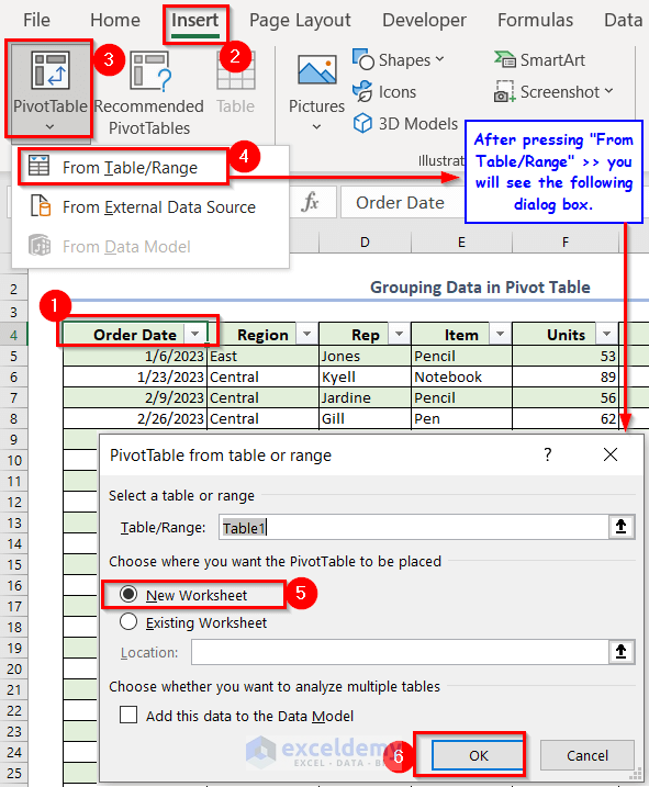 Creating Pivot Table from Excel table