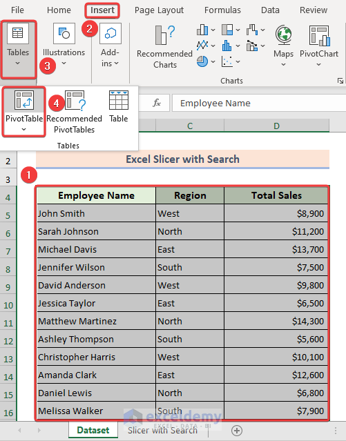 Inserting PivotTable from the insert tab