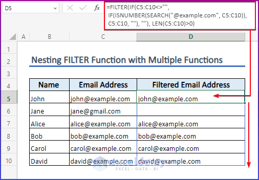 Nesting the FILTER Function with Multiple Functions to Filter Email Addresses in Excel